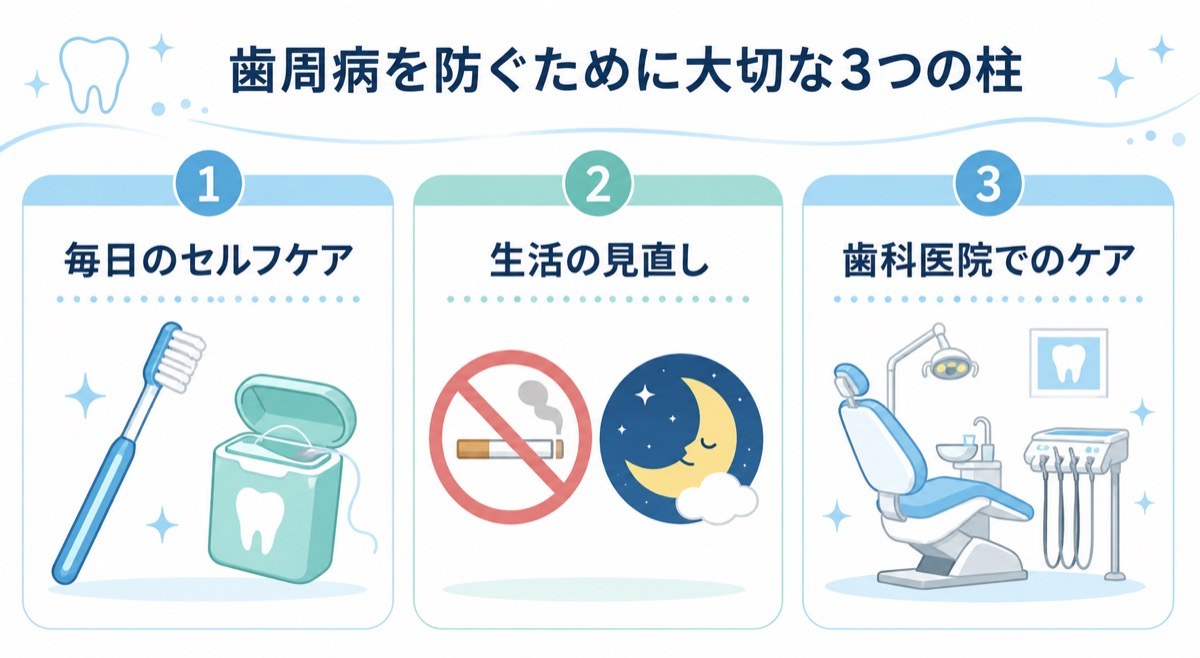 歯周病予防で大切な3つの柱(毎日のセルフケア・生活の見直し・歯科医院でのケア)を示した図