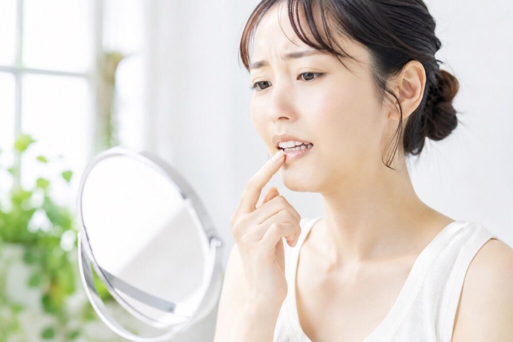 手鏡で口元の状態を確かめる女性の様子