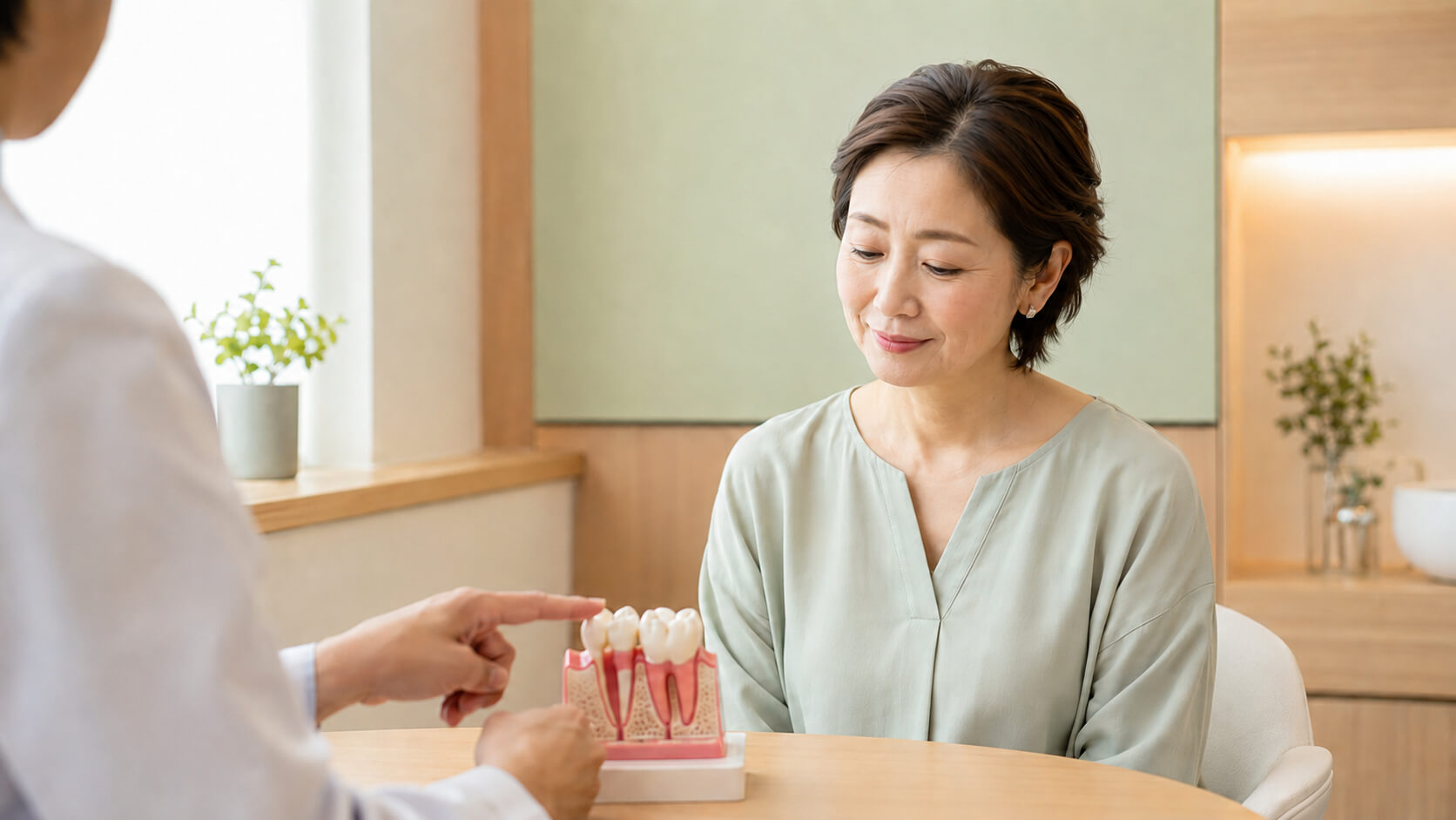 重度歯周病の治療説明を受ける日本人女性の様子