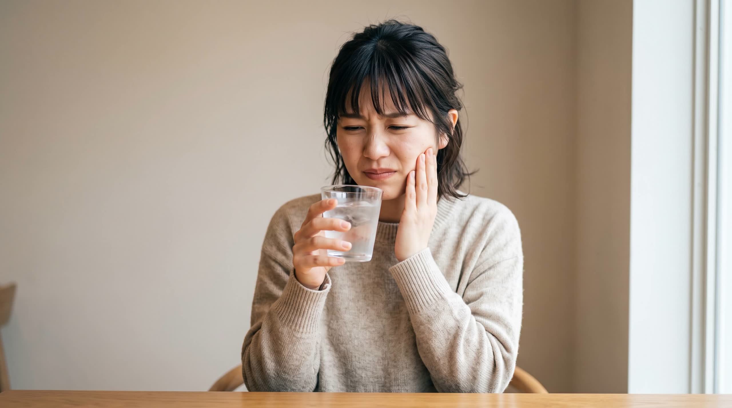 冷たい水を飲んで歯がしみる女性