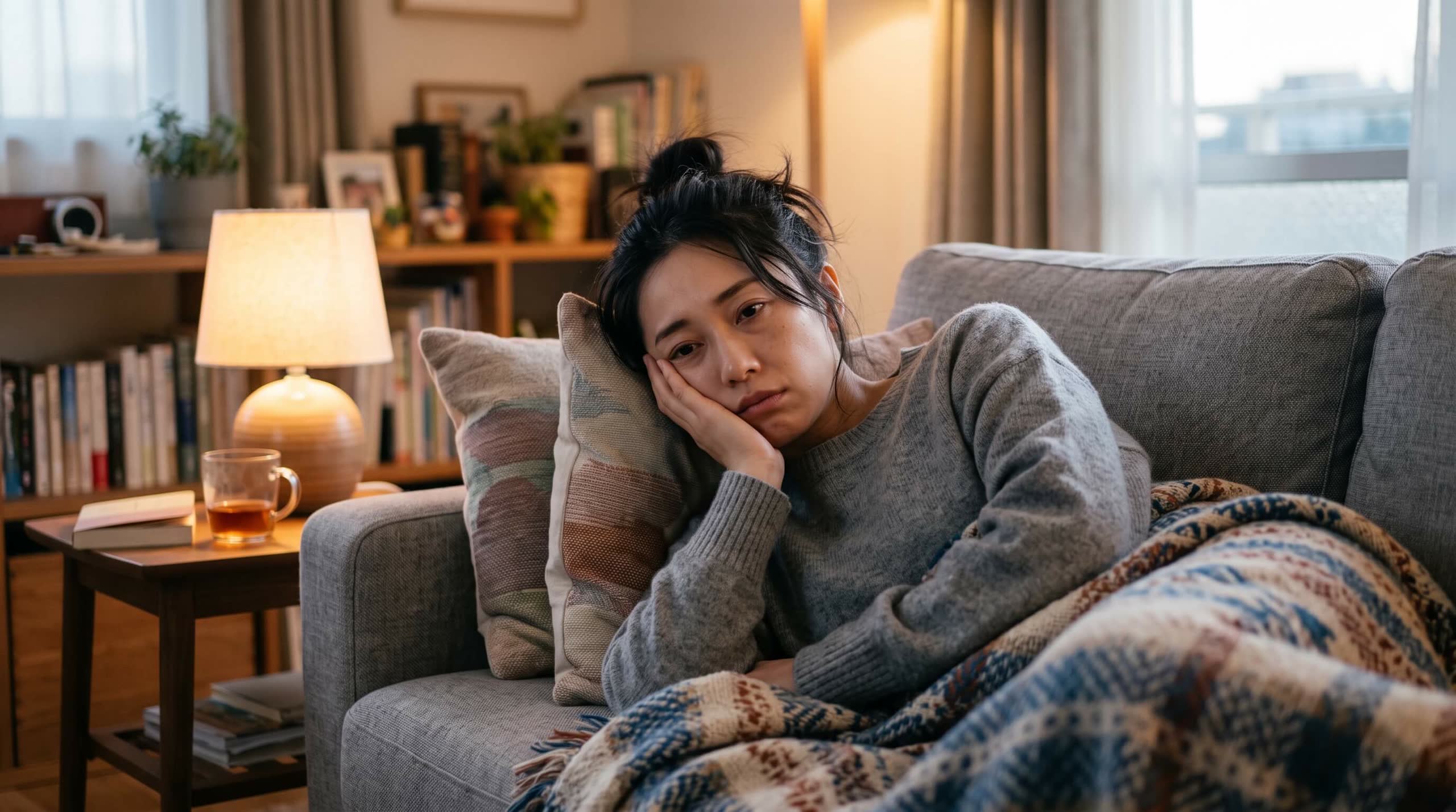 ソファで頬に手を当て歯の痛みをこらえる女性