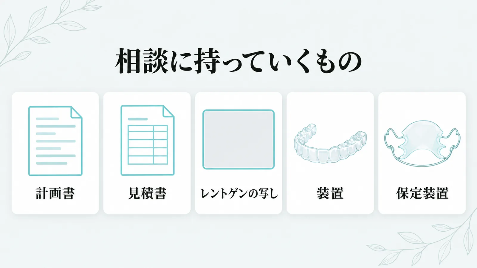 計画書・見積書・レントゲンの写し・マウスピース・保定装置を並べた持ち物の図