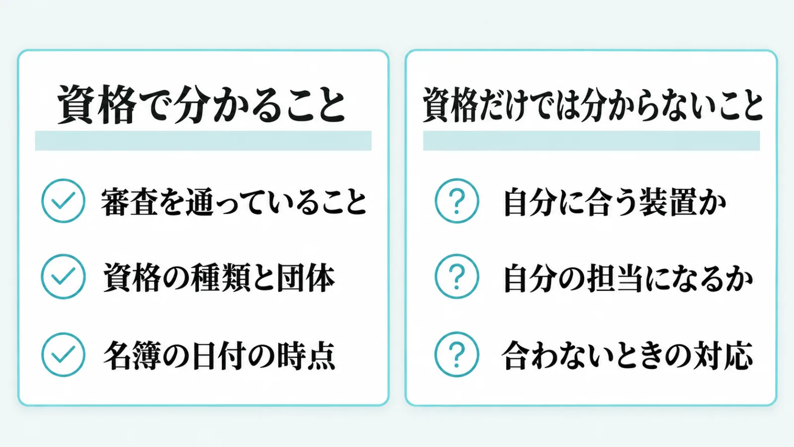 資格で分かることと、資格だけでは分からないことを左右の箱に分けて並べた図